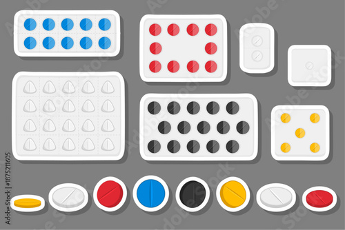 Big colored set different types of pills inside close blister