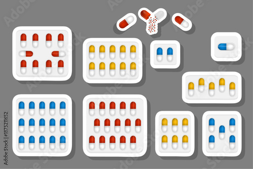 Big colored set different types of pills inside close blister
