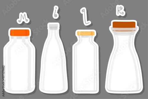 Big set different types chilled milk in bottles various size