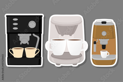 big colored set different types coffee machine