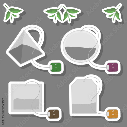 Big colored set different types and shapes teabags for tasty tea