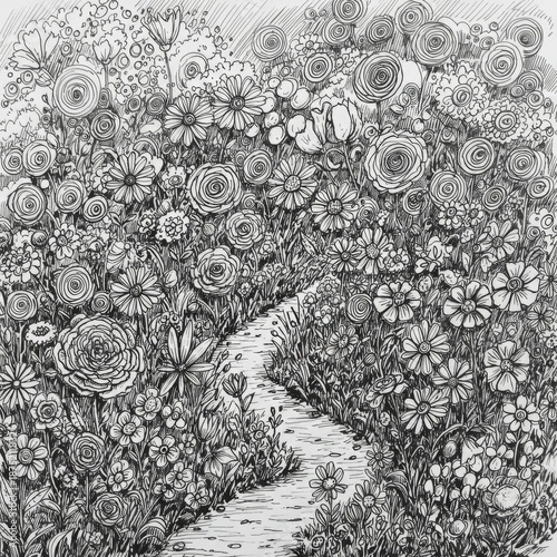 Black and White Detailed Drawing of a Winding Path Through Dense Vegetation