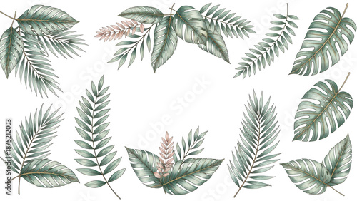 Exotic plants leaf set on an isolated white background, watercolor vector illustration. Wedding frame elements collection. Elegant foliage design for wedding, card, invitation, greeting