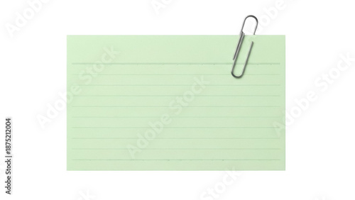 Green lined index card with paper clip PNG isolated on transparent background, office supply for notes and reminders, stationery item