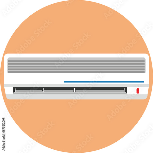White and gray air conditioning unit with blue and red details on orange background