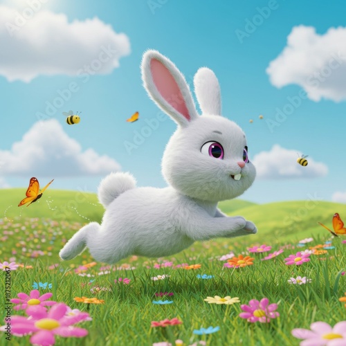 White Fluffy Bunny Leaping Through a Colorful Flower Meadow