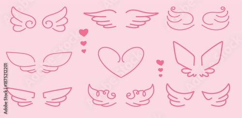 Pink Wings and Heart Line Icon Set