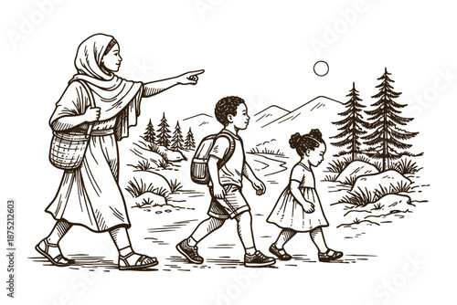 Illustration of a woman and two children walking together on a nature trail. African etnicity. Family outing or educational hike concept. Vector illustration.