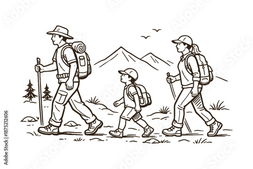 Illustration of a family hiking together in the mountains. A man, woman, and child walk along a scenic trail with backpacks and hiking gear. Vector illustration.
