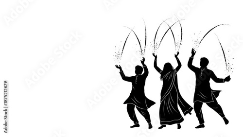 People dancing with fireworks in traditional clothing