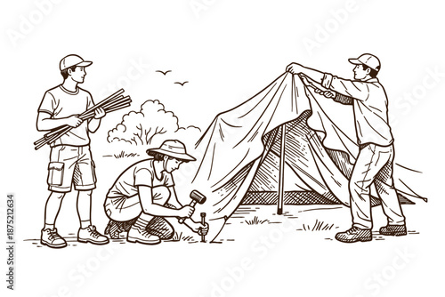 Illustration of three people setting up a tent in the outdoors. Teamwork and outdoor camping concept. Vector illustration.