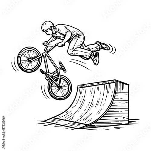 Illustration of a BMX rider performing an aerial trick off a wooden ramp. Hand drawn vintage style