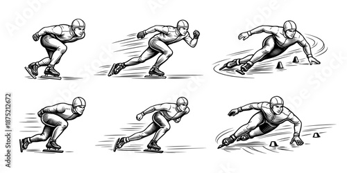 Illustration set of six male speed skaters in action. Hand drawn style