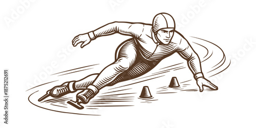 Illustration of a male speed skater racing around a curve on an ice track. Hand drawn vintage style