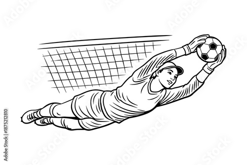 Female soccer goalkeeper making a dramatic save. Women’s sports, competition, and teamwork concept. Vector illustration.