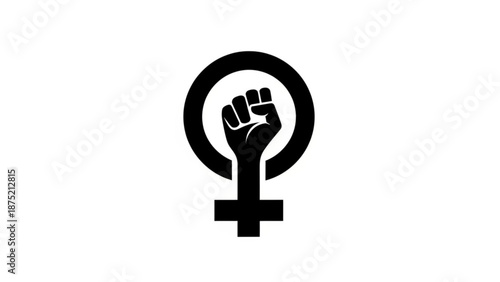 Raised fist combined with female symbol on white background