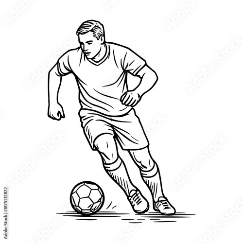 American soccer player dribbling the ball. Dynamic football action for sports training and competition. Vector illustration.