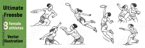 Diverse female athletes playing ultimate frisbee. Intense disc sports action for youth, team, and fitness concepts. Vector illustration.