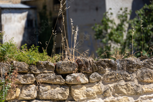 Old stone wall with dry wild grass in a rural landscape