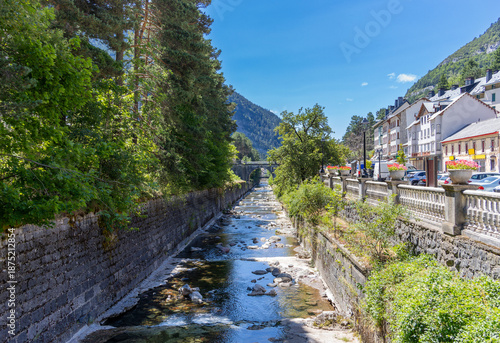 River Aragon canal flowing through Canfranc village in the Pyrenees