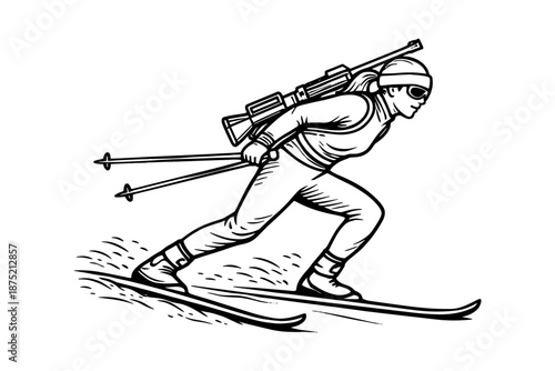 Female biathlon athlete skiing with rifle. Winter sports competition and endurance training concept. Vector illustration.