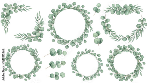 Eucalyptus leaves and greenery borders set.  Watercolor green leaves and branches. Clipart for invitations, greeting cards, save the date, stationery design. Hand drawn illustration.