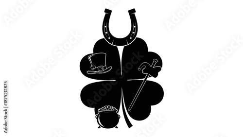 Black four leaf clover with lucky symbols horseshoe pot of gold