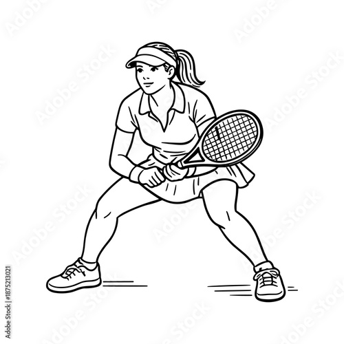 Focused female tennis player ready for action, ideal for sportswear ads, fitness, and coaching concepts. Confident athletic posture in game stance. Vector illustration.