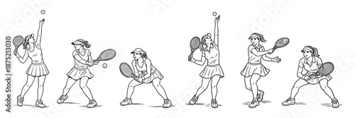 Set of young female tennis players in action poses, perfect for sports training, health, and active lifestyle concepts. Dynamic motion and athletic focus. Vector illustration.
