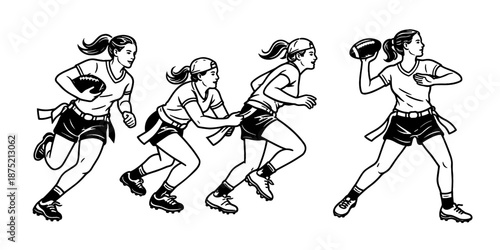 Teen girls playing flag football, showing teamwork, agility, and competitive spirit. Great for youth sports and empowerment themes. Vector illustration.