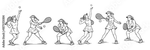 Female tennis players in dynamic action poses, perfect for sports, fitness, and competition concepts. Vector illustration.