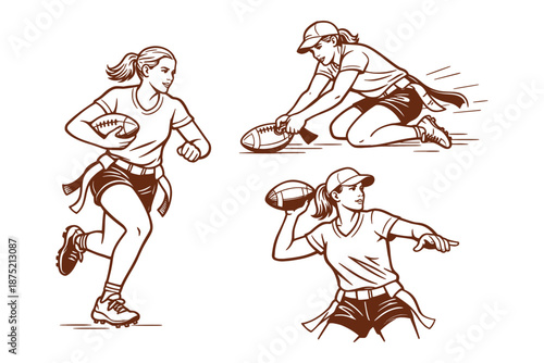 Female athletes playing flag football, showing action, strategy, and teamwork. Perfect for youth sports and training themes. Vector illustration.