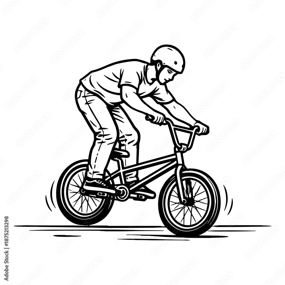 Fototapeta premium BMX rider performing trick while balancing on bike. Black and white vector line drawing illustration.