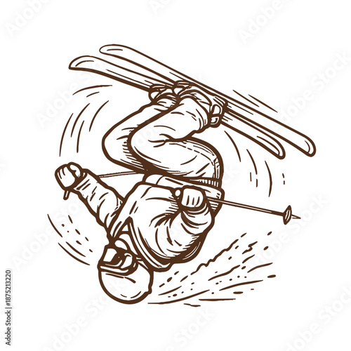 Freestyle skier performing an aerial flip trick in mid-air. Extreme winter sport vector illustration.