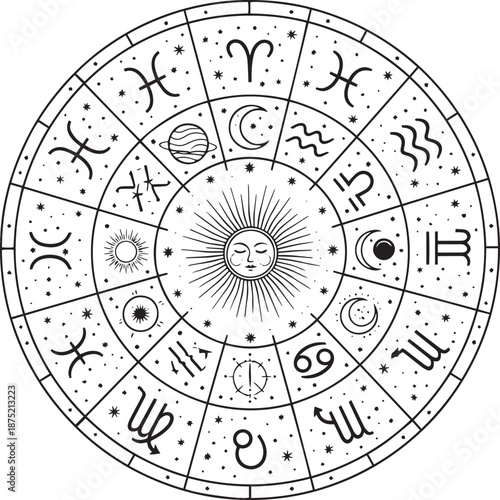 Black and white of zodiac wheel with sun moon planets and stars