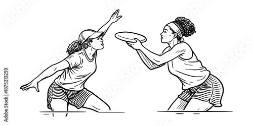 Two women competing in ultimate frisbee, one defending and one preparing to throw the disc.