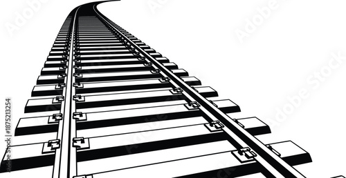 Black and White Perspective Vector Illustration of Curving Railroad Tracks for Transportation Logistics Travel Concepts Journey Metaphors Railway Infrastructure and Industrial Freight Design Projects