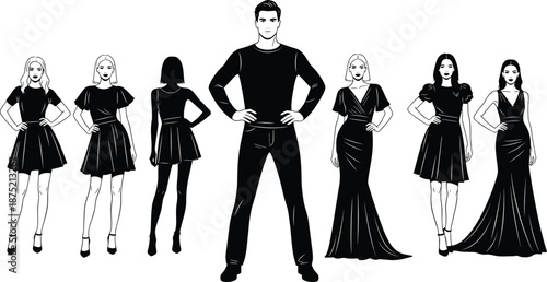 Black and White Fashion Vector Illustration Featuring Male and Female Models in Stylish Clothing Including Formal Evening Gowns and Casual Wear for Boutique Designs