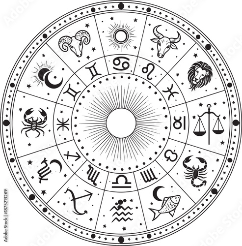 Black and white zodiac wheel with astrology symbols and sunburst star symbols moon phases