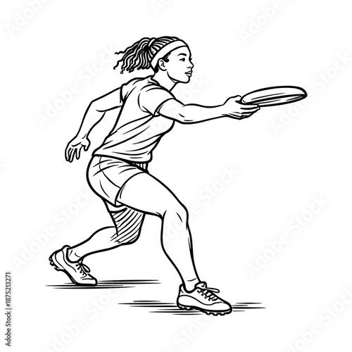 African American female athlete playing ultimate frisbee, captured in action mid-throw. Vector illustration.