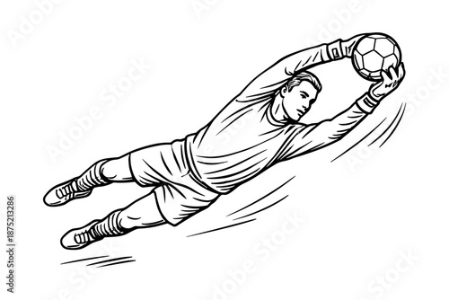 Soccer goalkeeper diving mid-air to catch the ball during a save. Black and white vector illustration.
