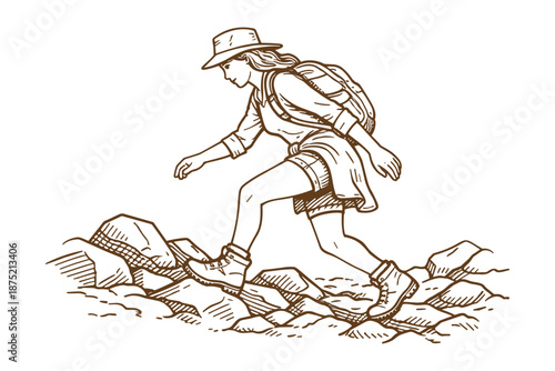 Female hiker walking on rocky mountain trail with backpack. Outdoor adventure, trekking and nature travel concept. Vector illustration.