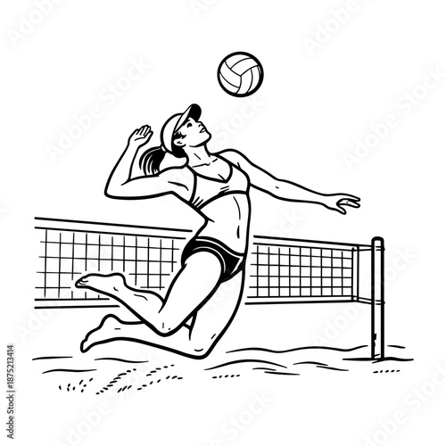 Female beach volleyball player jumping to hit ball over net. Summer sport, fitness and active lifestyle concept. Vector illustration.