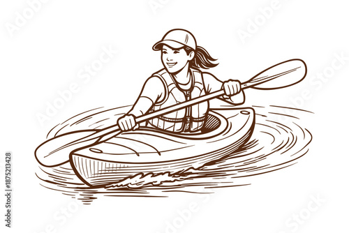 Smiling female kayaker paddling on calm water. Outdoor recreation, travel and adventure lifestyle concept. Vector illustration.