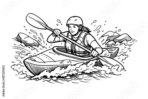 Female kayaker paddling through rough whitewater rapids. Adventure sport, outdoor activity and river travel concept. Vector illustration.