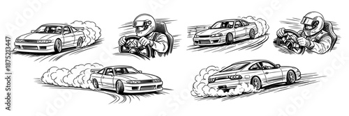 Set of drifting sports cars and race drivers in action scenes. Motorsport, adrenaline and street racing concept. Vector illustration.