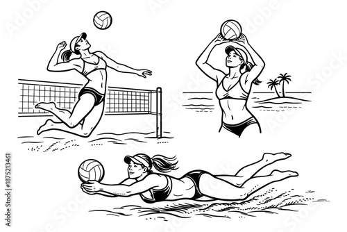Set of female beach volleyball players in spike, set and dive actions. Summer sport, teamwork and athletic lifestyle concept. Vector illustration.