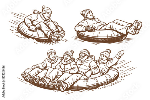 Group of people snow tubing downhill in winter clothes. Family fun, outdoor activity and holiday recreation concept. Vector illustration.