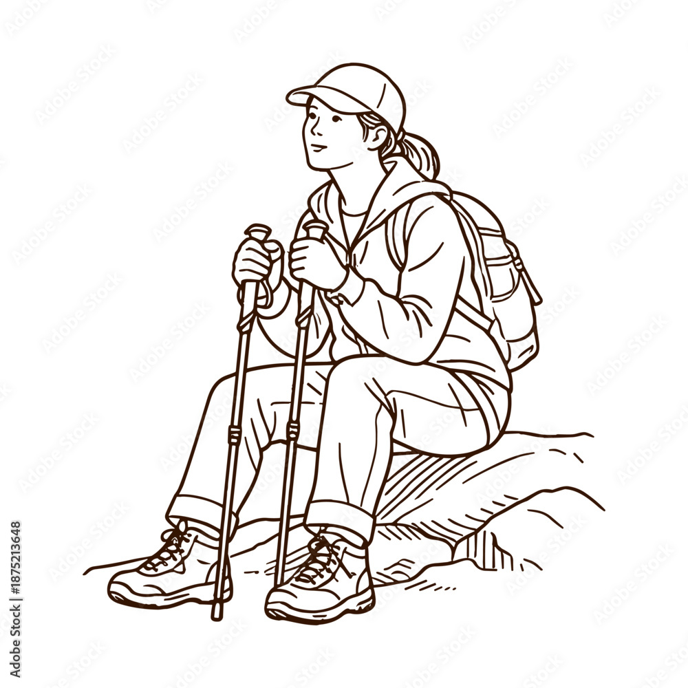 Obraz premium Illustration of a female hiker sitting on a rock, resting with trekking poles and a backpack. Outdoor adventure and nature exploration concept. Vector illustration.