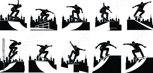 Black Silhouette Skateboarding Illustrations Featuring Skaters Performing Tricks on Ramps and Rails Against a City Skyline Backdrop for Extreme Sports Street Culture Graphic Design